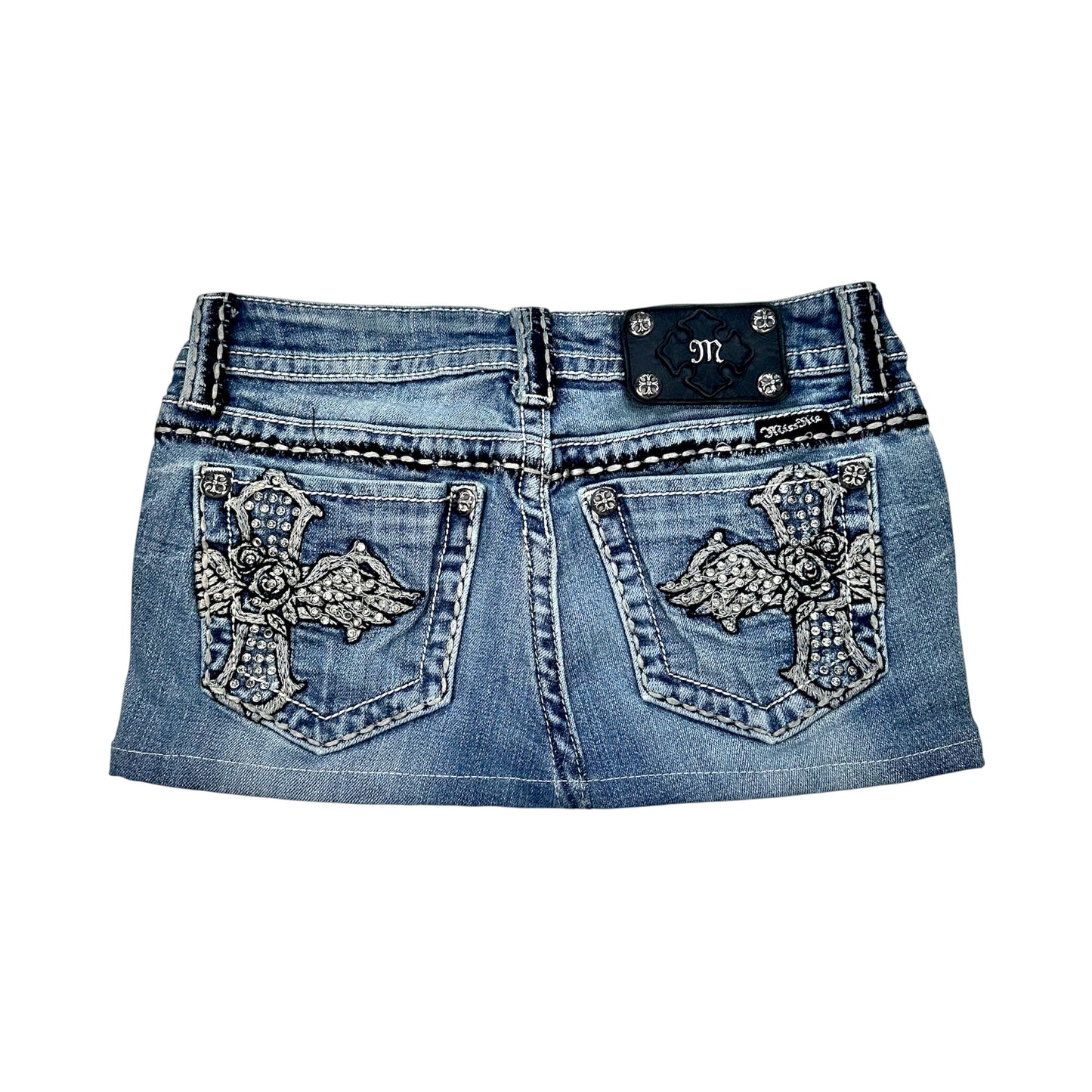Miss Me Cross Denim Mini Skirt