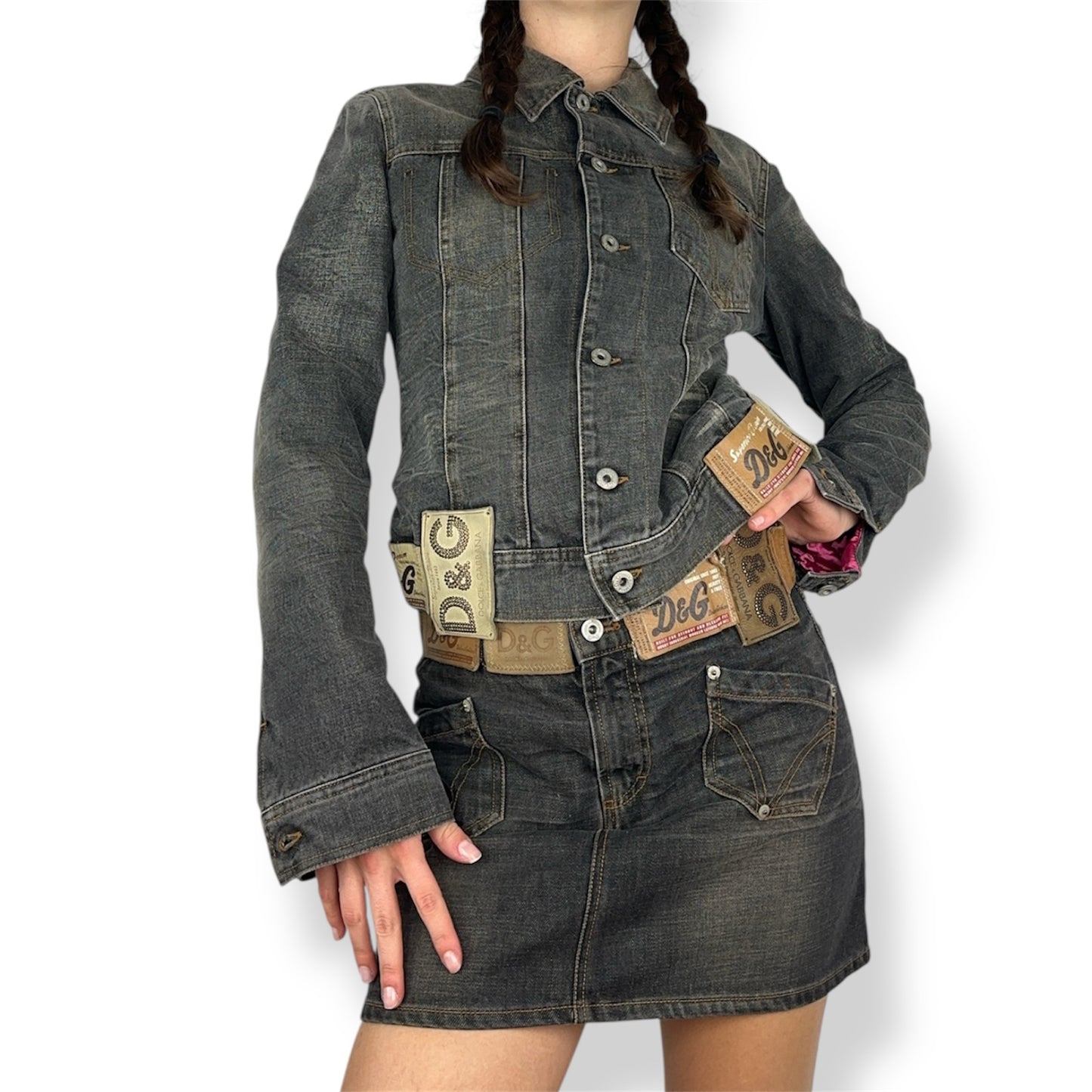 Dolce & Gabbana AW2003 Black Denim Leather Patch Mini Skirt