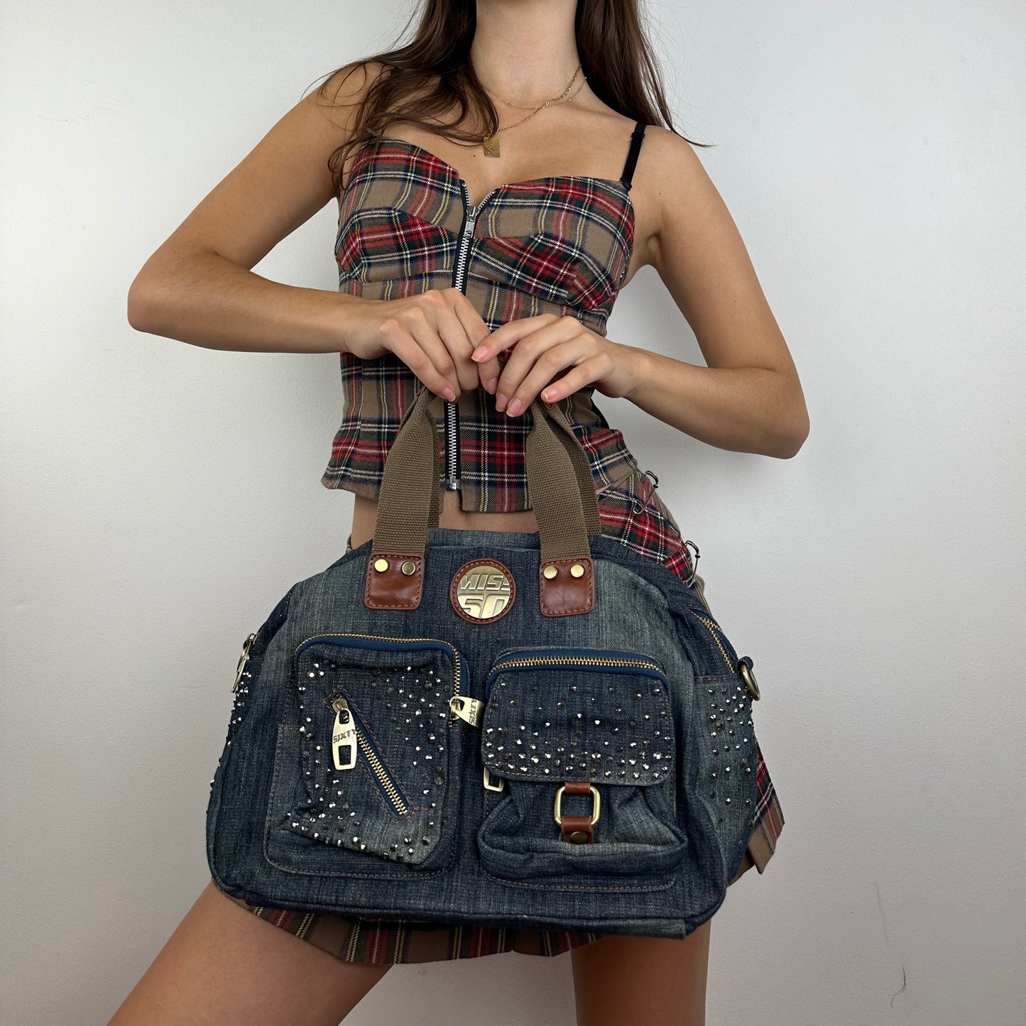Miss Sixty Denim Rhinestone Cargo Bag
