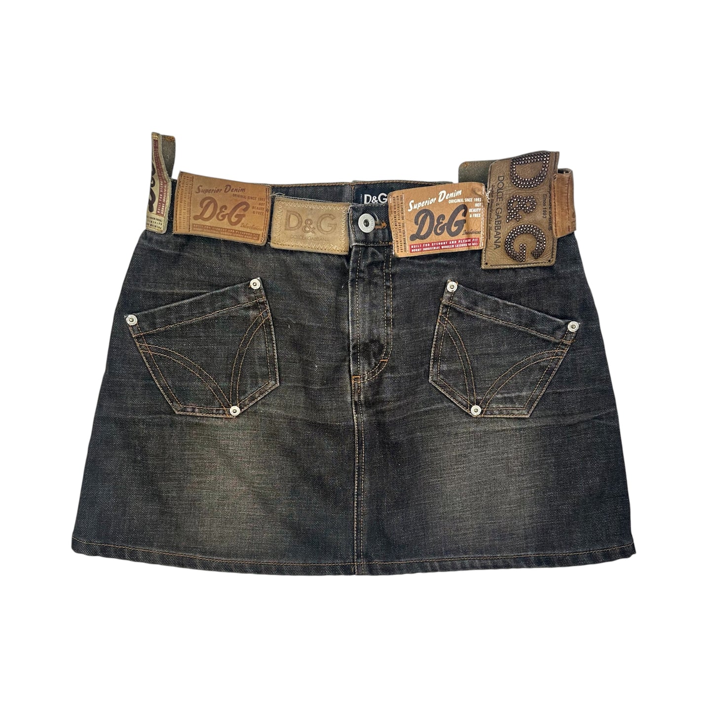 Dolce & Gabbana AW2003 Black Denim Leather Patch Mini Skirt
