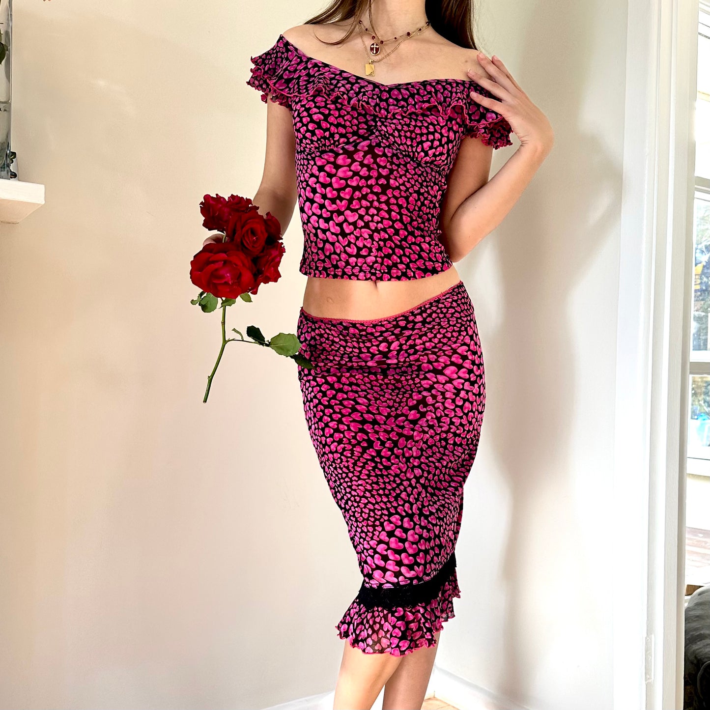 French Heart Print Top & Skirt Set