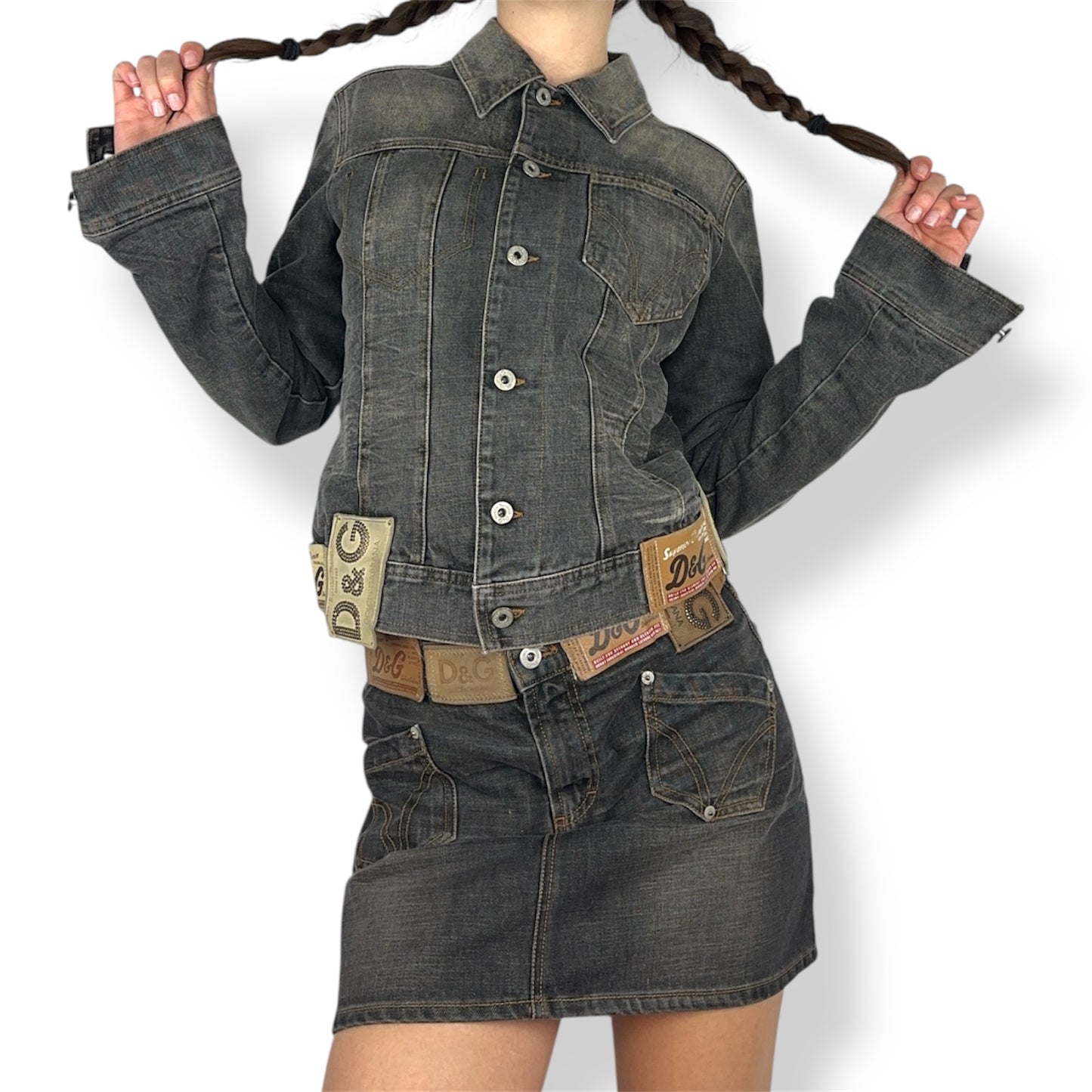 Dolce & Gabbana AW2003 Black Denim Leather Patch Mini Skirt