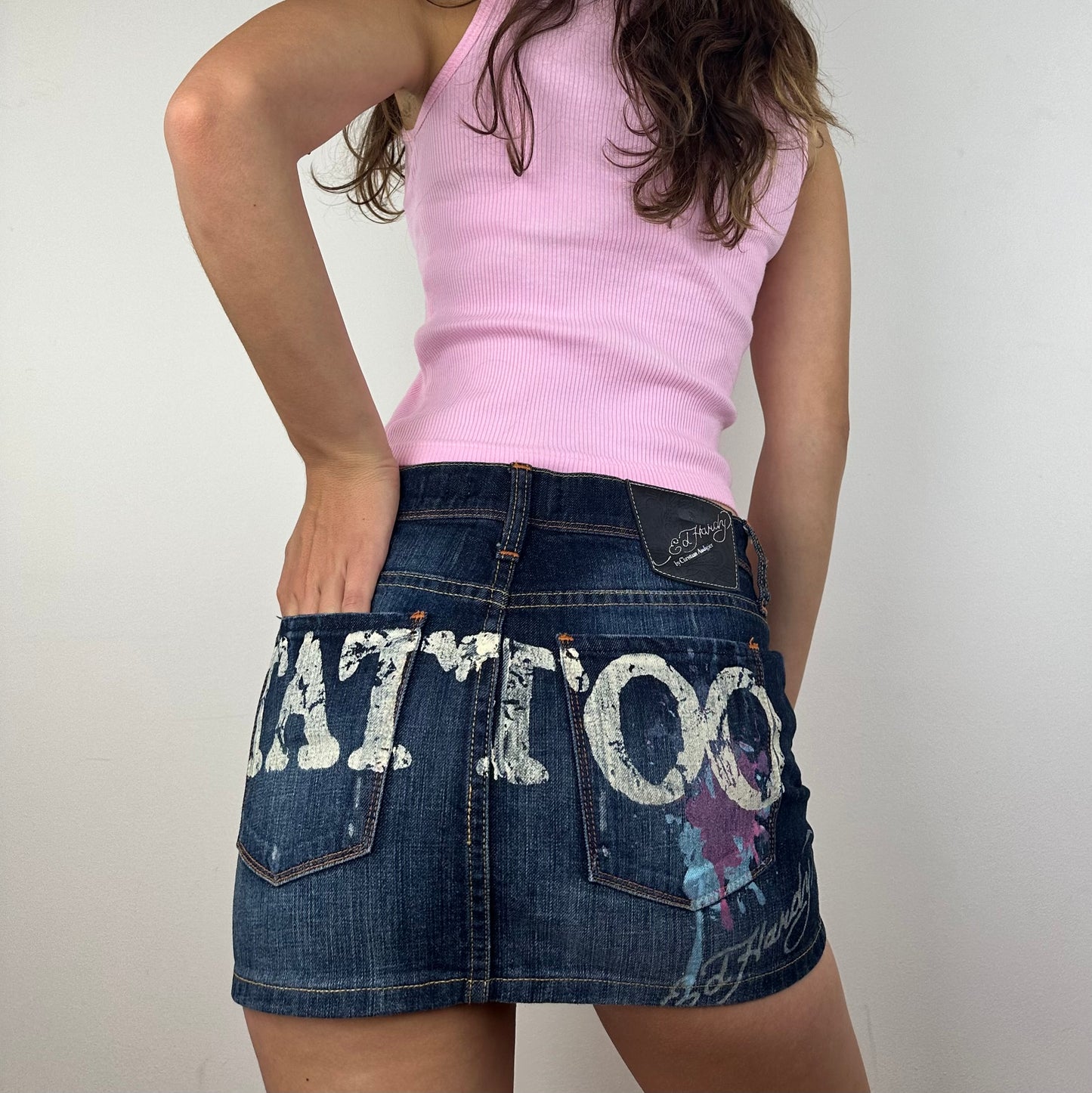 Ed Hardy Tattoo Rhinestone Denim Mini Skirt