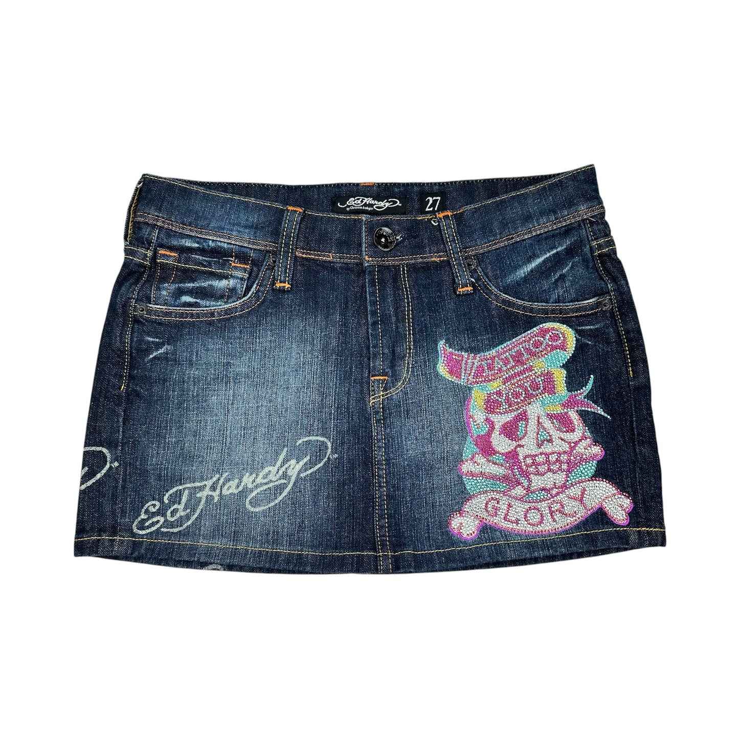 Ed Hardy Tattoo Rhinestone Denim Mini Skirt