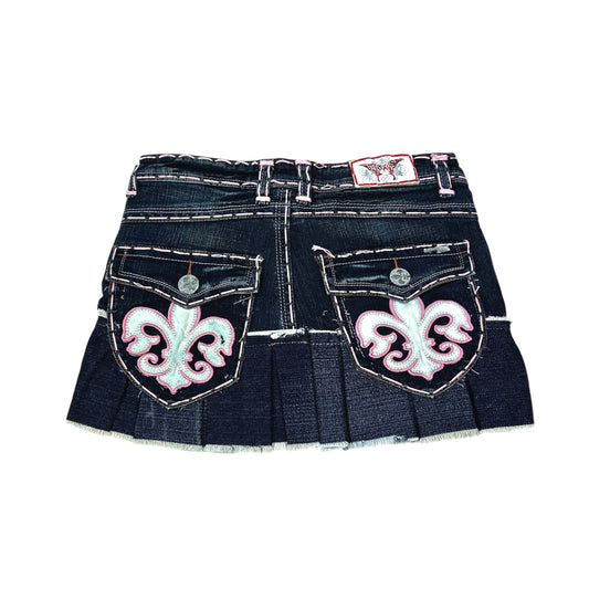 Y2K Denim Mini Skirt with Pink Motifs