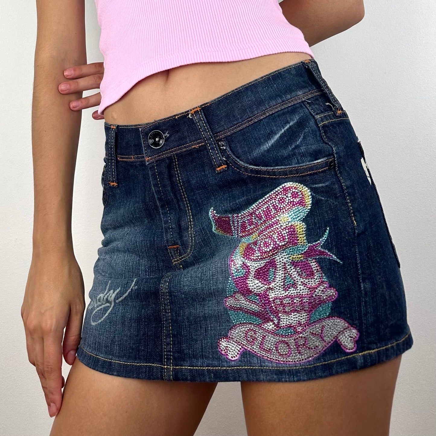 Ed Hardy Tattoo Rhinestone Denim Mini Skirt