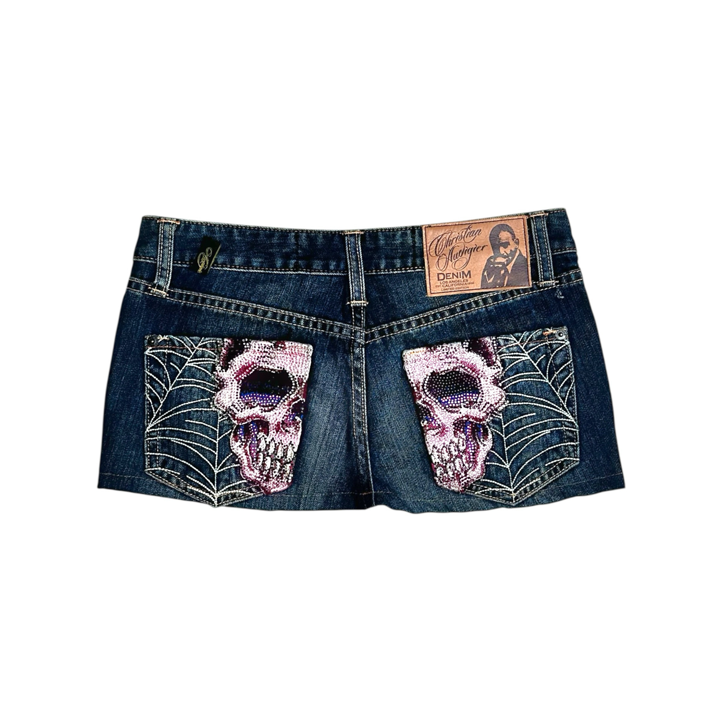 Christian Audigier Denim Rhinestone Mini Skirt