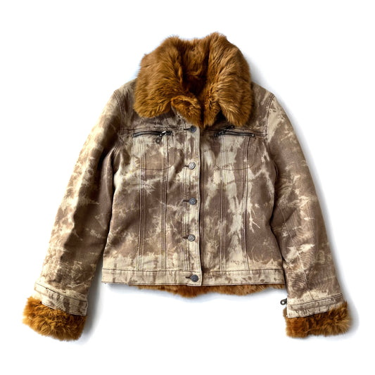 Bleach Pattern Denim & Genuine Fur Jacket