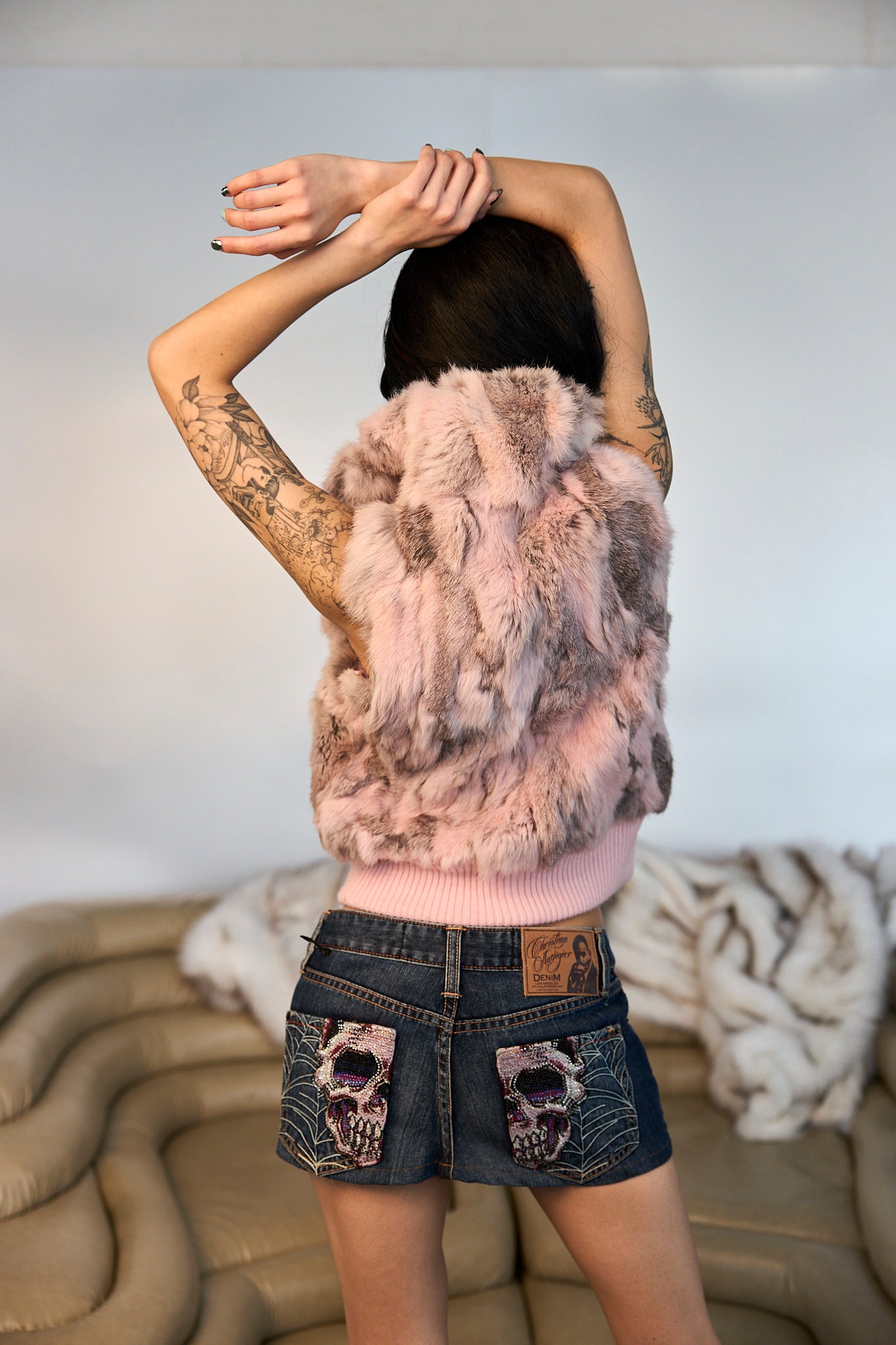 Christian Audigier Denim Rhinestone Mini Skirt