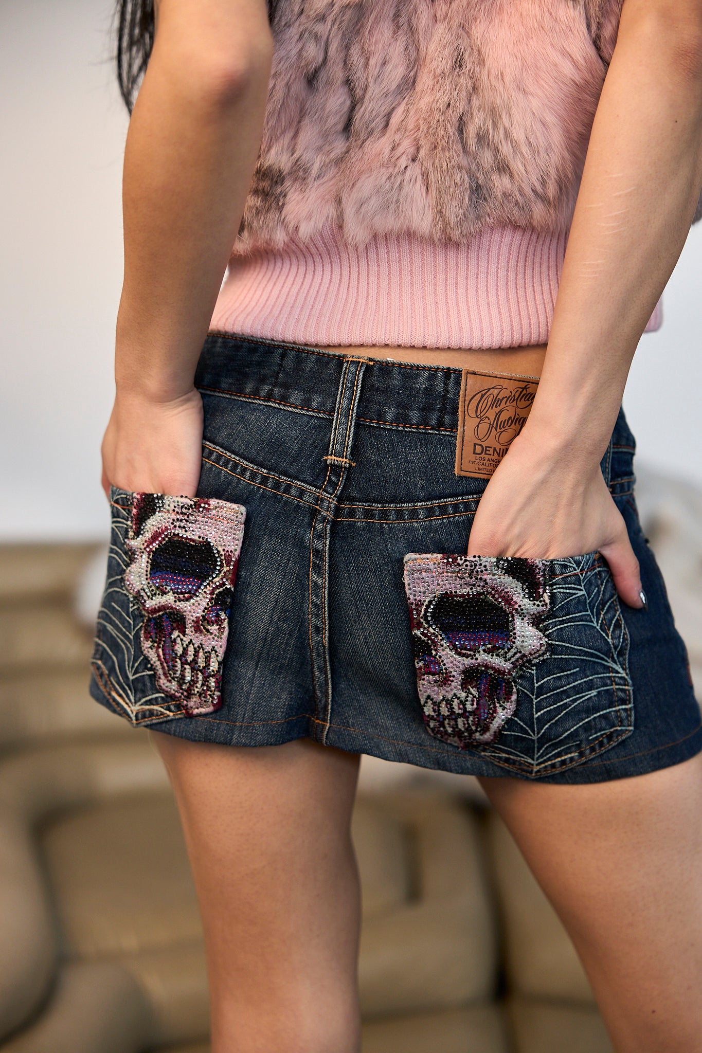 Christian Audigier Denim Rhinestone Mini Skirt
