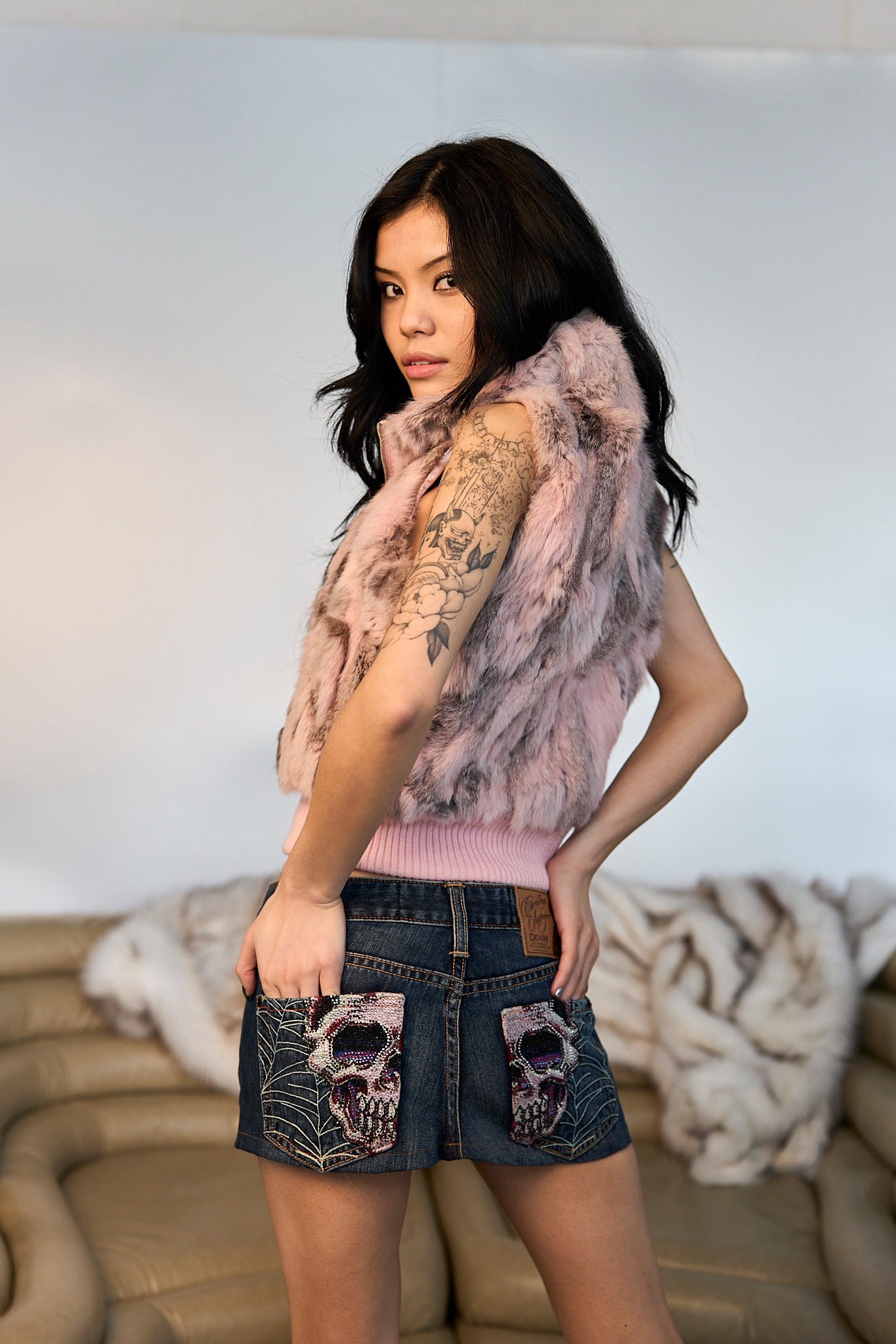 Christian Audigier Denim Rhinestone Mini Skirt